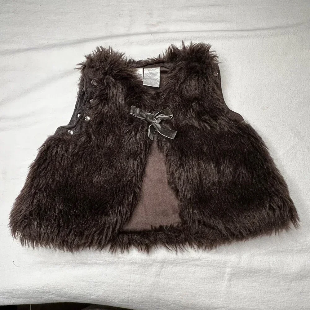 Kids Fake Fur Brown Vest 18 Months Tie Sequins